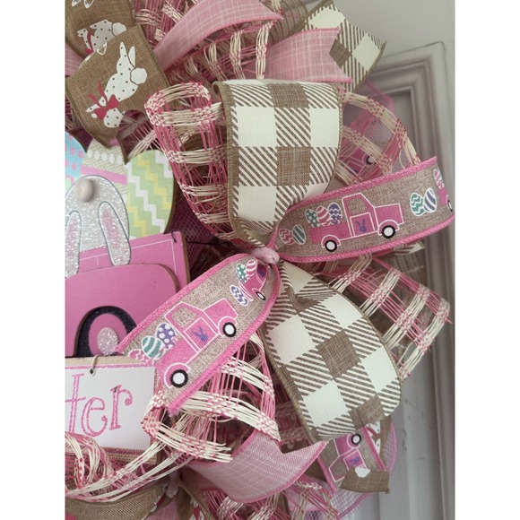 Easter Bunny Deco Mesh & Ribbon Spring Wreath Front Door Hanger Home Decor - Picture 6 of 9